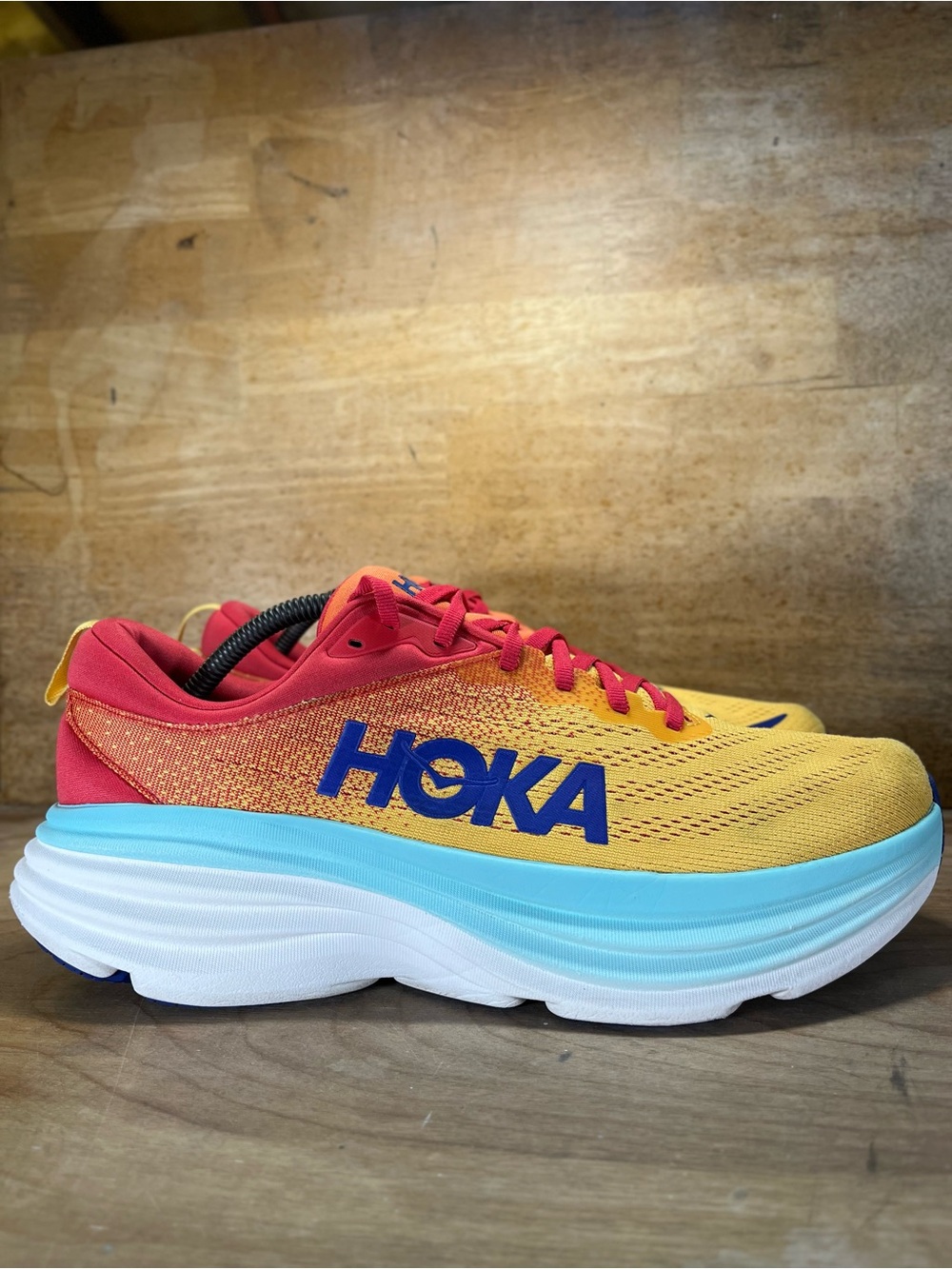 Hoka One One Bondi 8 REFLECTIVE Mens Size 11 Running Shoes Sneakers Orange Blue